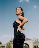 Vintage Mermaid Sweetheart Black Sequin Long Prom Dresses Party Dress Black Girl Outfits Graduation Dresses HZ1121