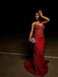 Vintage Mermaid One Shoulder Burgundy Beads Sleeveless Long Prom Dresses Party Dress Black Girl Outfits Graduation Dresses HZ1121