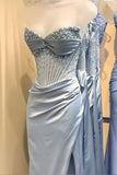 Vintage Mermaid Sweetheart Light Sky blue Satin Sleeveless Long Prom Dresses Party Dress Split Birthday Outfits Graduation Dresses HZ1121