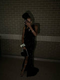 Classy Mermaid One Shoulder Slit Black Sequin Sleeveless Long Prom Dresses Party Dress Birthday Outfits Graduation Dresses HZ1121