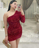 Pretty Sheath One Shoulder Burgundy Sequin Summer 16th Birthday Dresses For Teens Hoco Dress Mini 18th Gold Birthday Outfit Cocktail Dresses HZ1121