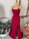 Vintage Mermaid Halter Pink Backless Sequins Long Evening Party Gowns Evening Formal Dresses Prom Dress HZ1121