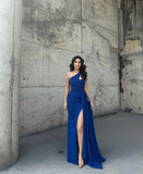 Classy Sheath One Shoulder Satin Royal Blue Long Formal Gown Summer Wedding Guest Dress Bridal Guest Dresses Wedding Outfits For Guest HZ1121