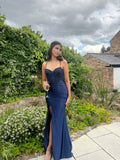 Classy Mermaid Spaghetti Straps Navy Blue Slit Long Prom Dresses Formal Gown Summer Wedding Guest Dress Wedding Outfits For Guest HZ1121