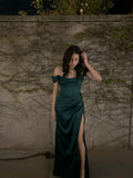 Classy Mermaid Off The Shoulder Dark Green Slit Long Prom Gown Summer Wedding Guest Dress Bridal Guest Dresses Wedding Outfits For Guest HZ1121
