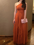 Modest A line One Shoulder Tulle Long Prom Gown Summer Wedding Guest Dress Bridal Guest Dresses Wedding Outfits For Guest HZ1121