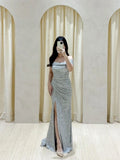 Classy Mermaid Off The Shoulder Silver Sequin Slit Long Prom Gown Summer Wedding Guest Dress Bridal Guest Dresses Wedding Outfits For Guest HZ1121