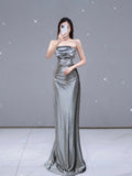 Classy Sheath Strapless Gray Ruffles Satin Long Prom Gown Summer Wedding Guest Dress Bridal Guest Dresses Wedding Outfits For Guest HZ1121
