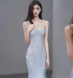 Modest Mermaid Spaghetti Straps Sequins Formal Gown 20th Birthday Dress Prom Dresses Backless 18th Birthday Outfits HZ1121