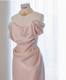 Classy Sheath Off The Shoulder Pink Satin Long Prom Dresses Formal Gown Summer Wedding Guest Dresses Wedding Guest Outfit HZ1121