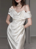 Dreamy Wedding Dress Sheath Off The Shoulder White Satin Summer Long Wedding Dresses Bridal Gowns With Sleeves HZ1121