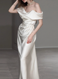 Dreamy Wedding Dress Sheath Off The Shoulder White Satin Summer Long Wedding Dresses Bridal Gowns With Sleeves HZ1121