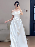 Dreamy Wedding Dress A Line Off The Shoulder White Satin Summer Long Wedding Dresses Bridal Gowns With Sleeves HZ1121