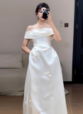 Dreamy Wedding Dress A Line Off The Shoulder White Satin Summer Long Wedding Dresses Bridal Gowns With Sleeves HZ1121