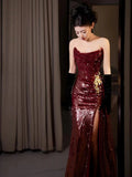 Classy Mermaid Strapless Burgundy Sequin Slit Long Formal Gown Summer Wedding Guest Dress Bridal Guest Dresses Wedding Outfits For Guest HZ1121