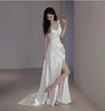 Dreamy Wedding Dress Sheath Spaghetti Straps White Satin Slit Summer Long Wedding Dresses Bridal Gowns HZ1121