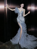 Classy Mermaid Gray Silver Beads Sleeveless Sequin Long Prom Dresses Party Dress Birthday Outfits Graduation Dresses HZ1121