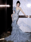 Classy Mermaid Gray Silver Beads Sleeveless Sequin Long Prom Dresses Party Dress Birthday Outfits Graduation Dresses HZ1121