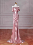 Classy Mermaid Off The Shoulder Pink Sequin Long Prom Dresses Formal Gown Summer Wedding Guest Dresses Wedding Guest Outfit HZ1121
