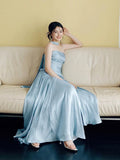 Classy A line Strapless Blue Satin Long Prom Gown Summer Wedding Guest Dress Bridal Guest Dresses Wedding Outfits For Guest HZ1121