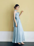 Classy A line Strapless Blue Satin Long Prom Gown Summer Wedding Guest Dress Bridal Guest Dresses Wedding Outfits For Guest HZ1121