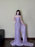 Classy Sheath Strapless Lilac Long Prom Gown Summer Wedding Guest Dress Bridal Guest Dresses Wedding Outfits For Guest With Scarf HZ1121