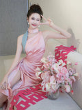 Classy Sheath One Shoulder Pink Satin Slit Long Prom Gown Summer Wedding Guest Dress Bridal Guest Dresses Wedding Outfits For Guest HZ1121