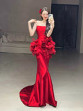 Classy Mermaid Strapless Red Floral Long Prom Gown Summer Wedding Guest Dress Bridal Guest Dresses Wedding Outfits For Guest HZ1121