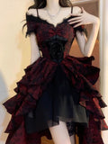 Vintage High Low Off The Shoulder Short Sleeves Gothic Black Red 16th Burgundy Birthday Dress Lolita Dress Birthday Outfits HZ1121