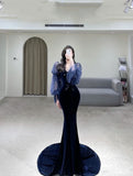 Elegant Mermaid Navy Blue V Neck Velvet Long Prom Dresses Party Dress Summer 20th Birthday Outfits 18th Birthday Dresses HZ1121