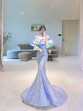 Elegant Mermaid Off The Shoulder Lilac Sequin Long Prom Dresses Party Dress Summer 20th Birthday Outfits 18th Birthday Dresses HZ1121