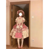 Sweet Ball Gown Square Neck Short Sleeves Gothic Pink Lace 16th Birthday Dress Lolita Dress Birthday Outfits HZ1121