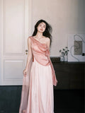 Sexy A line One Shoulder Pink Satin Sleeveless Prom Dresses Party Dress Summer Birthday Outfits Birthday Dresses HZ1121