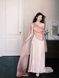 Sexy A line One Shoulder Pink Satin Sleeveless Prom Dresses Party Dress Summer Birthday Outfits Birthday Dresses HZ1121