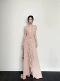 Elegant A line Blush Pink Sleeveless Chiffon Long Evening Party Gowns Evening Formal Dresses Prom Dress HZ1121