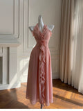 Elegant A line Blush Pink Sleeveless Chiffon Long Evening Party Gowns Evening Formal Dresses Prom Dress HZ1121