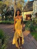 Elegant High Low Spaghetti Straps Yellow Sleeveless Long Evening Party Gowns Evening Formal Dresses Prom Dress HZ1121