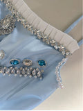 Trendy Ball Gown Spaghetti Straps Blue Satin Sleeveless Formal Short 8th Grade Homecoming Dress Summer Middle School Hoco Dresses Cocktail Dress Birthday Outfits HZ1121
