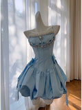 Trendy Ball Gown Spaghetti Straps Blue Satin Sleeveless Formal Short 8th Grade Homecoming Dress Summer Middle School Hoco Dresses Cocktail Dress Birthday Outfits HZ1121