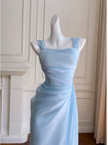 Elegant A line Straps Light Sky Blue Chiffon Sleeveless Long Evening Party Gowns Evening Formal Dresses Prom Dress HZ1121