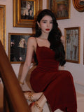 Elegant Sheath Spaghetti Straps Burgundy Velvet Sleeveless Long Evening Party Gowns Evening Formal Dresses Prom Dress HZ1121