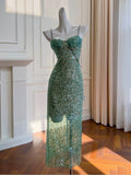 Elegant Sheath Spaghetti Straps Sequin Green Sleeveless Long Evening Party Gowns Evening Formal Dresses Prom Dress HZ1121