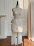 Cute A line Spaghetti Straps Champagne Sequin Formal Short 8th Grade Homecoming Dress Summer Middle School Hoco Dresses Birthday Outfits HZ1121
