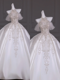 Pretty Wedding Dress Ball Gown High Neck Long Satin Wedding Dresses With Appliques Bridal Gowns HZ1121